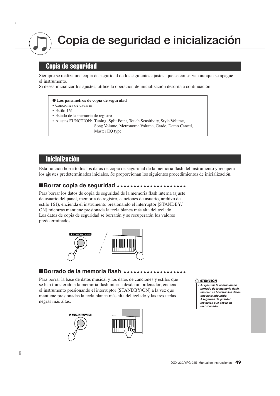 Copia de seguridad e inicialización, Copia de seguridad, Inicialización | Copia de seguridad inicialización, Borrar copia de seguridad | Yamaha DGX-230 User Manual | Page 49 / 128