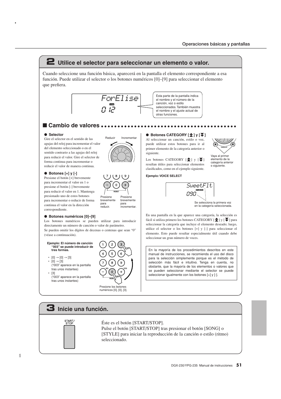 Forelise, Cambio de valores, Inicie una función | Sweetflt | Yamaha DGX-230 User Manual | Page 51 / 128