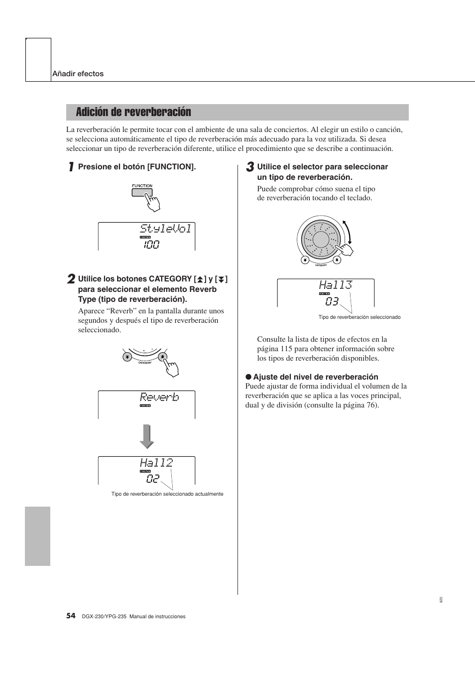 Adición de reverberación, Stylevol, Hall2 | Reverb, Hall3 | Yamaha DGX-230 User Manual | Page 54 / 128