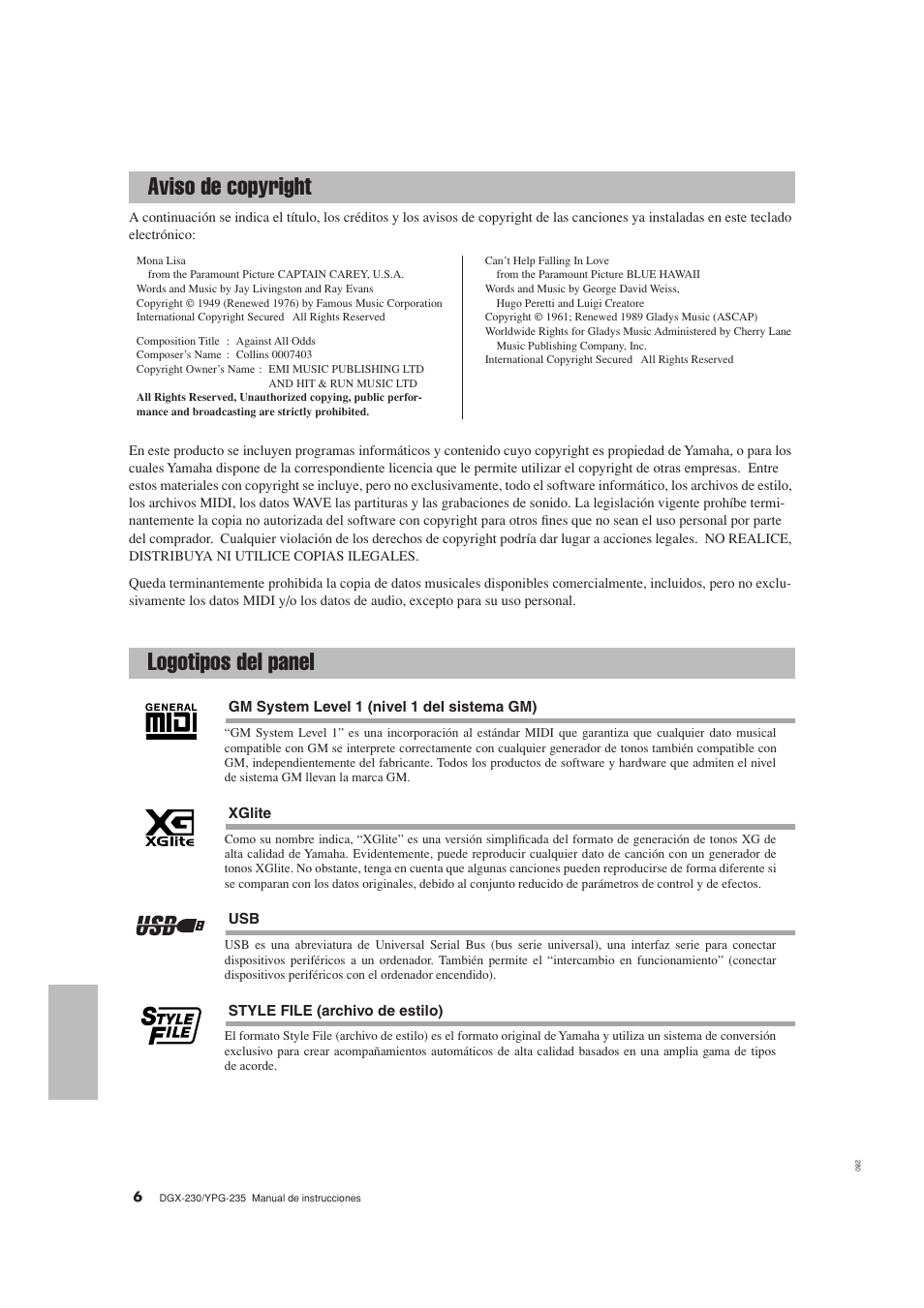 Aviso de copyright, Logotipos del panel, Aviso de copyright logotipos del panel | Yamaha DGX-230 User Manual | Page 6 / 128