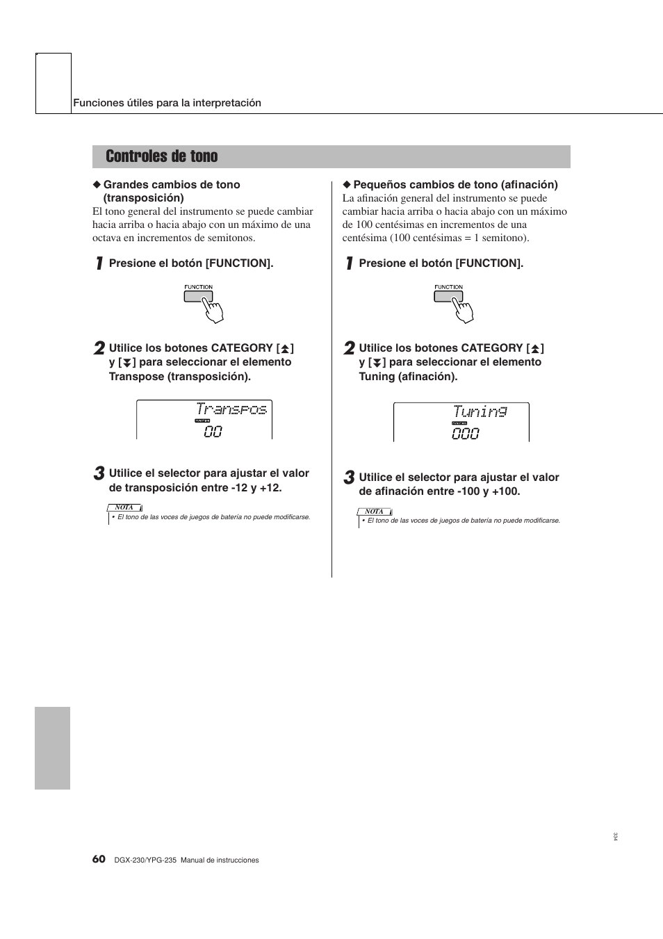 Controles de tono, Transpos, Tuning | Yamaha DGX-230 User Manual | Page 60 / 128