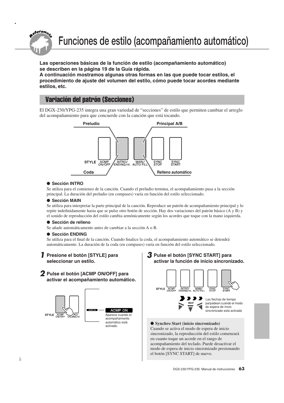 Funciones de estilo (acompañamiento automático), Variación del patrón (secciones) | Yamaha DGX-230 User Manual | Page 63 / 128