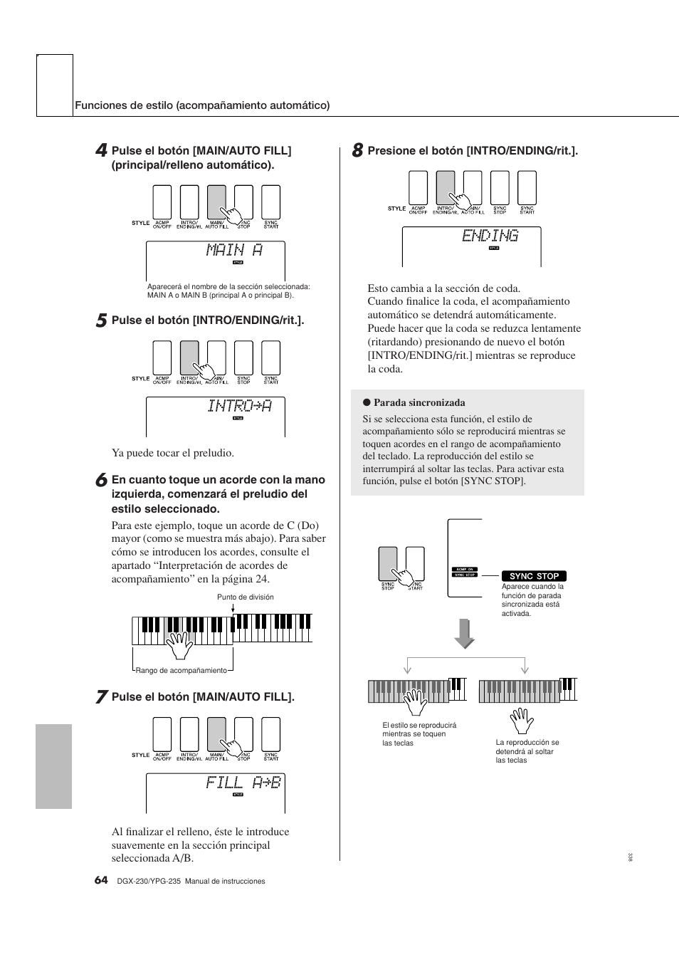 Main a, Intro≥a, Fill a≥b | Ending | Yamaha DGX-230 User Manual | Page 64 / 128