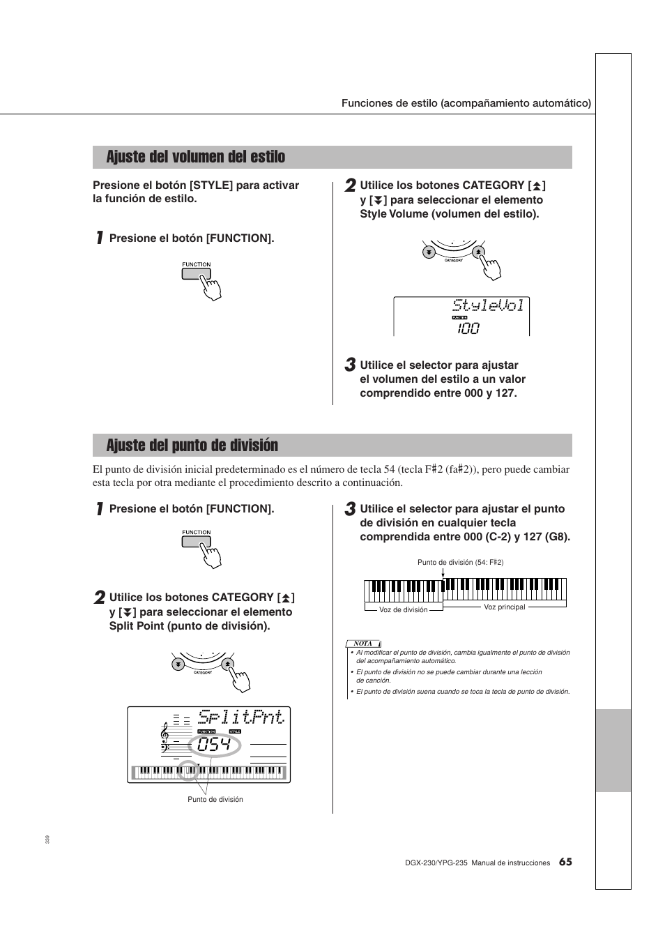 Ajuste del volumen del estilo, Ajuste del punto de división, Splitpnt | Stylevol | Yamaha DGX-230 User Manual | Page 65 / 128