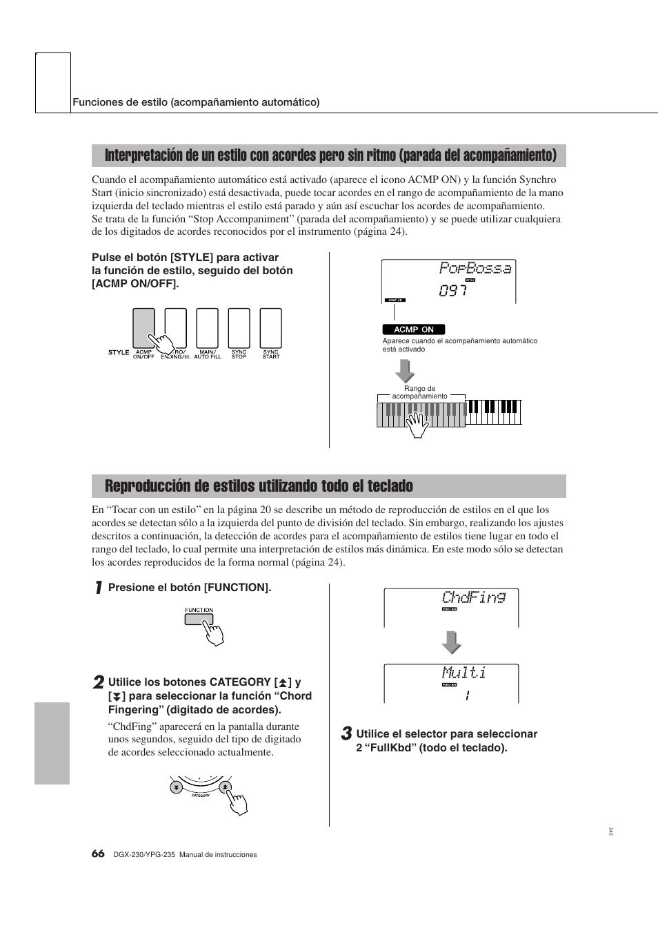 Reproducción de estilos utilizando todo el teclado, Parada del acompañamiento), Popbossa | Multi chdfing | Yamaha DGX-230 User Manual | Page 66 / 128