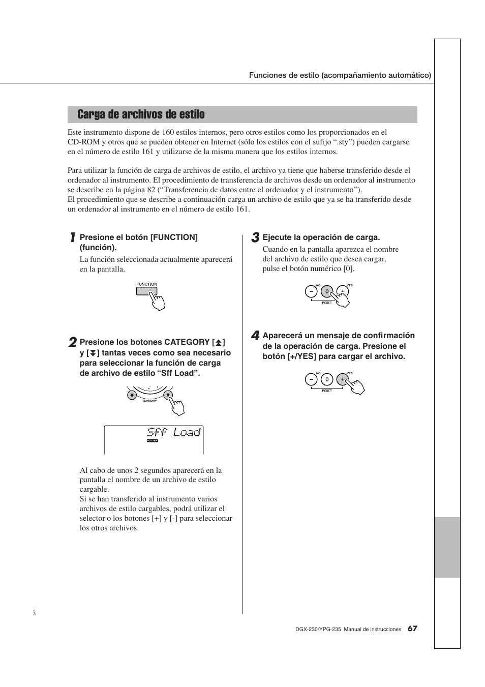 Carga de archivos de estilo, Sff load | Yamaha DGX-230 User Manual | Page 67 / 128