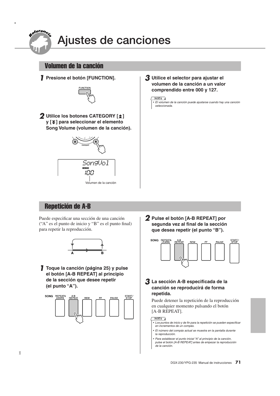 Ajustes de canciones, Volumen de la canción, Repetición de a-b | Volumen de la canción repetición de a-b, Songvol | Yamaha DGX-230 User Manual | Page 71 / 128