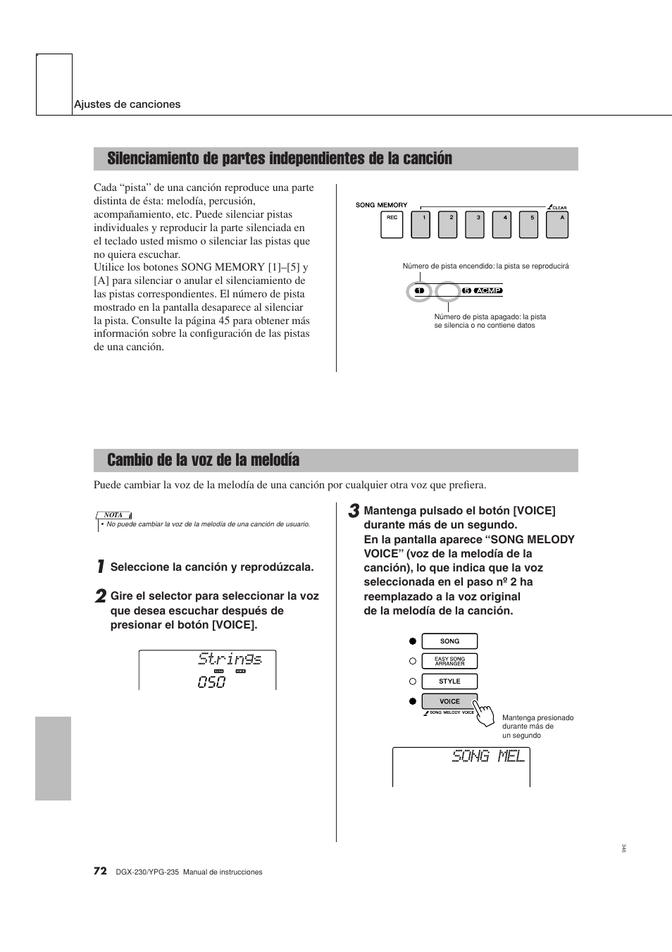 Cambio de la voz de la melodía, Strings song mel | Yamaha DGX-230 User Manual | Page 72 / 128