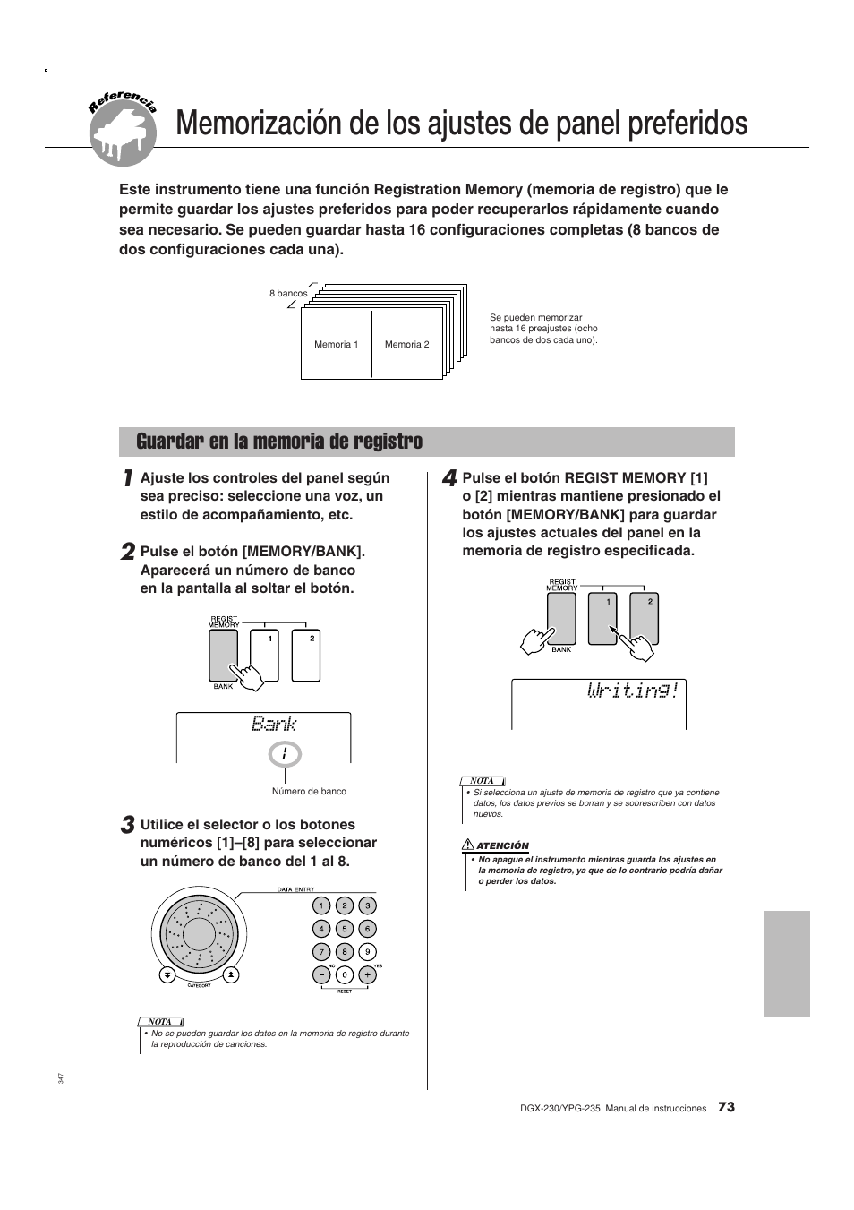Memorización de los ajustes de panel preferidos, Guardar en la memoria de registro, Bank | Writing | Yamaha DGX-230 User Manual | Page 73 / 128