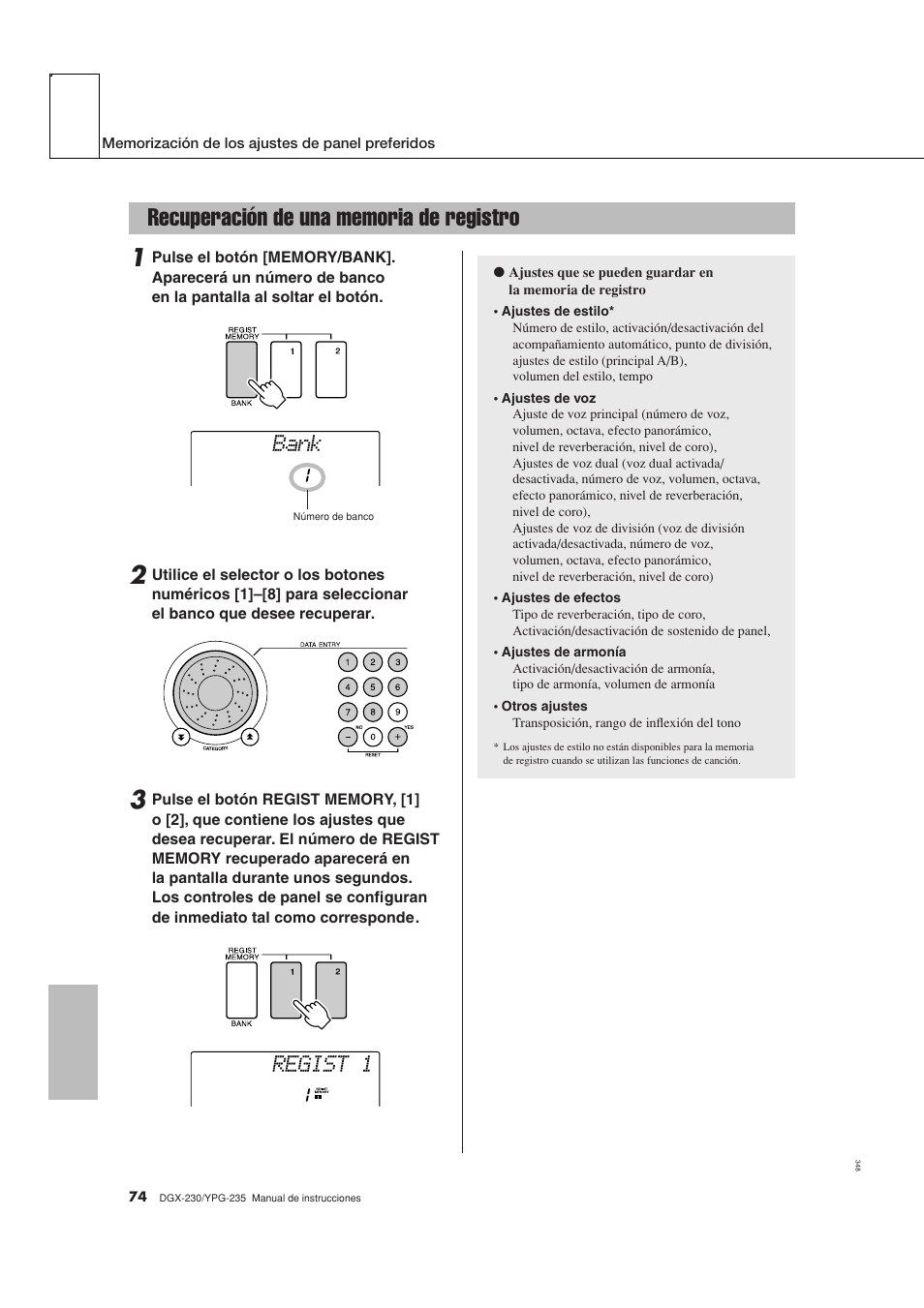 Recuperación de una memoria de registro, Bank regist 1 | Yamaha DGX-230 User Manual | Page 74 / 128