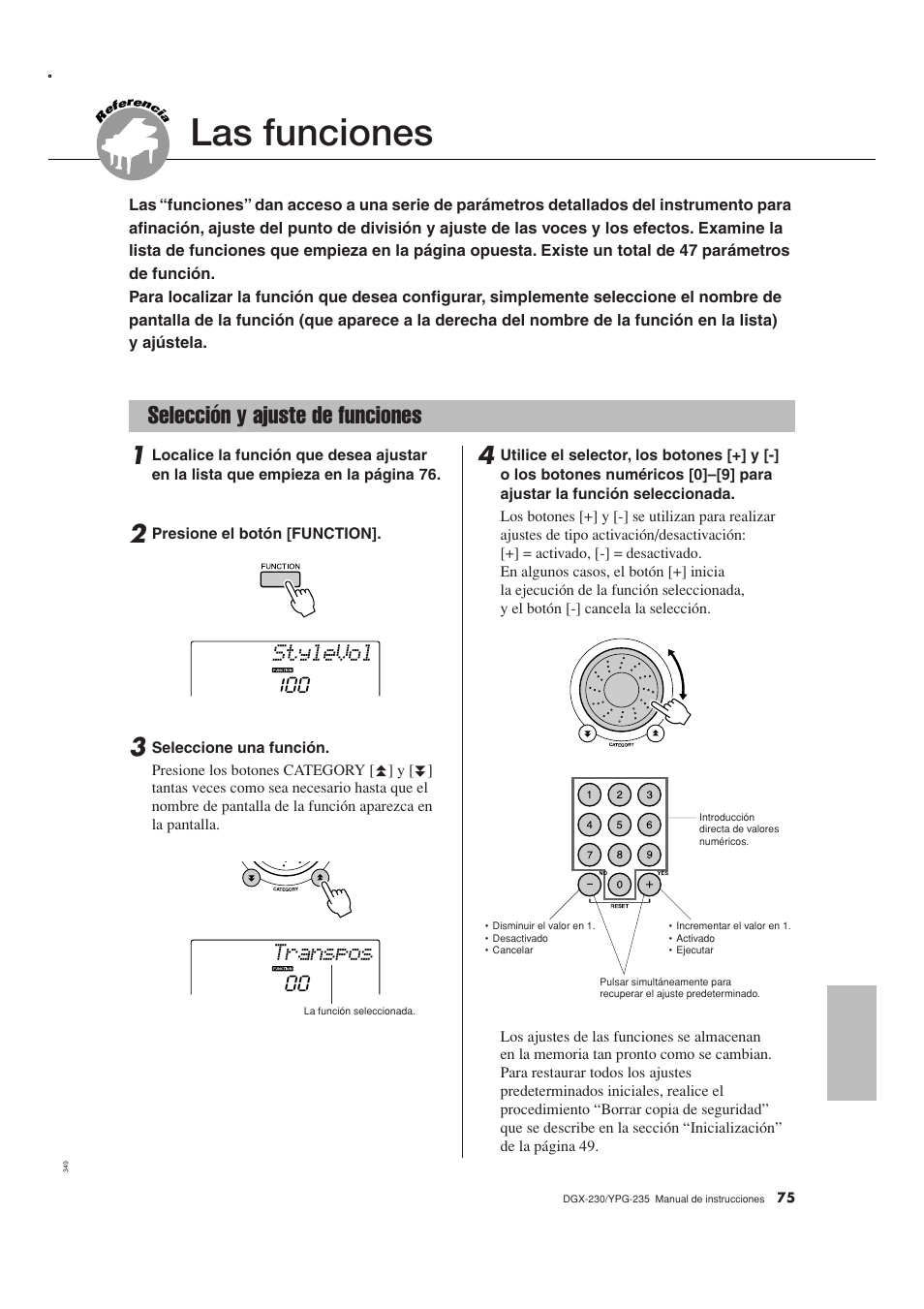 Las funciones, Selección y ajuste de funciones, Stylevol | Transpos | Yamaha DGX-230 User Manual | Page 75 / 128