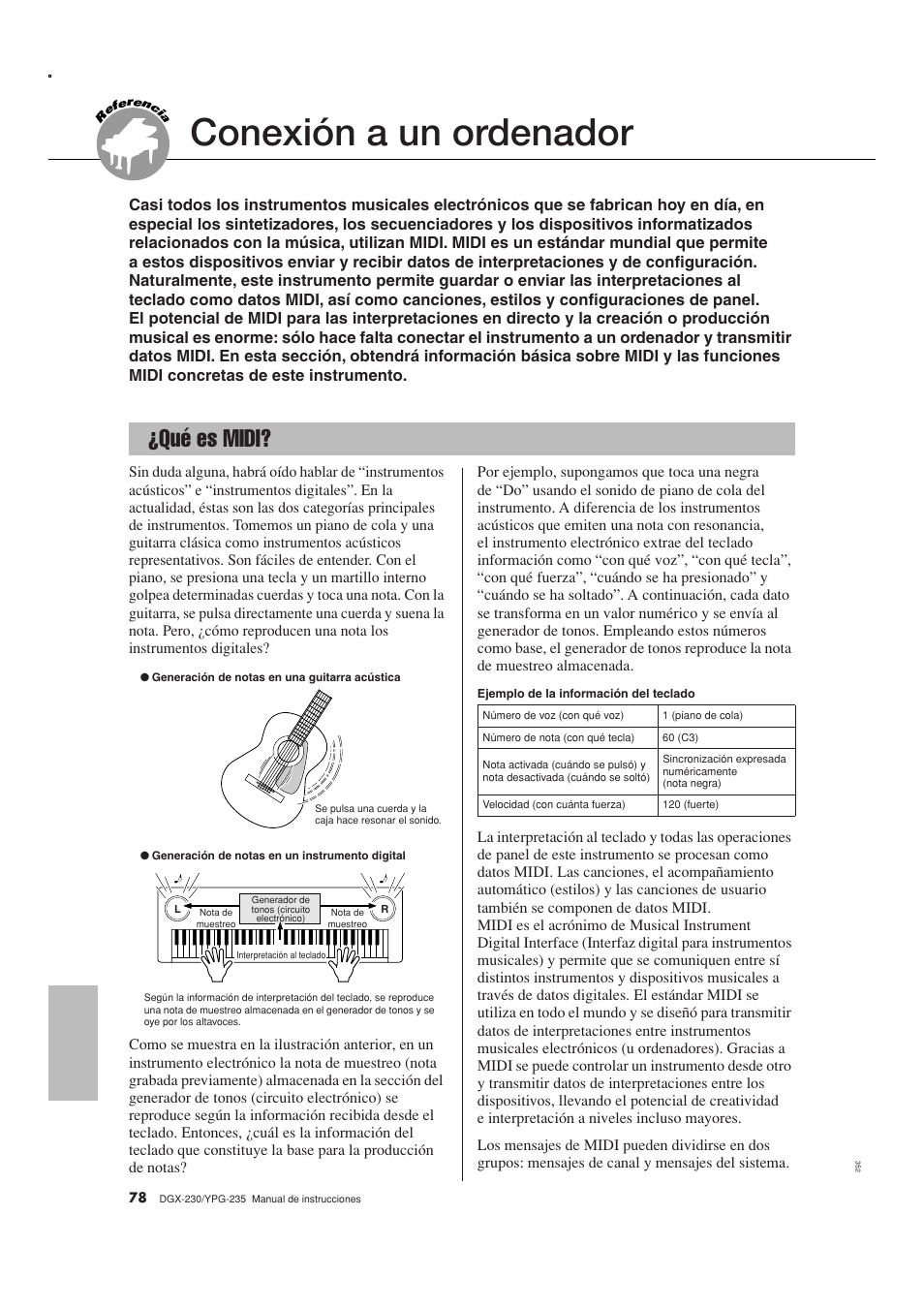 Conexión a un ordenador, Qué es midi | Yamaha DGX-230 User Manual | Page 78 / 128