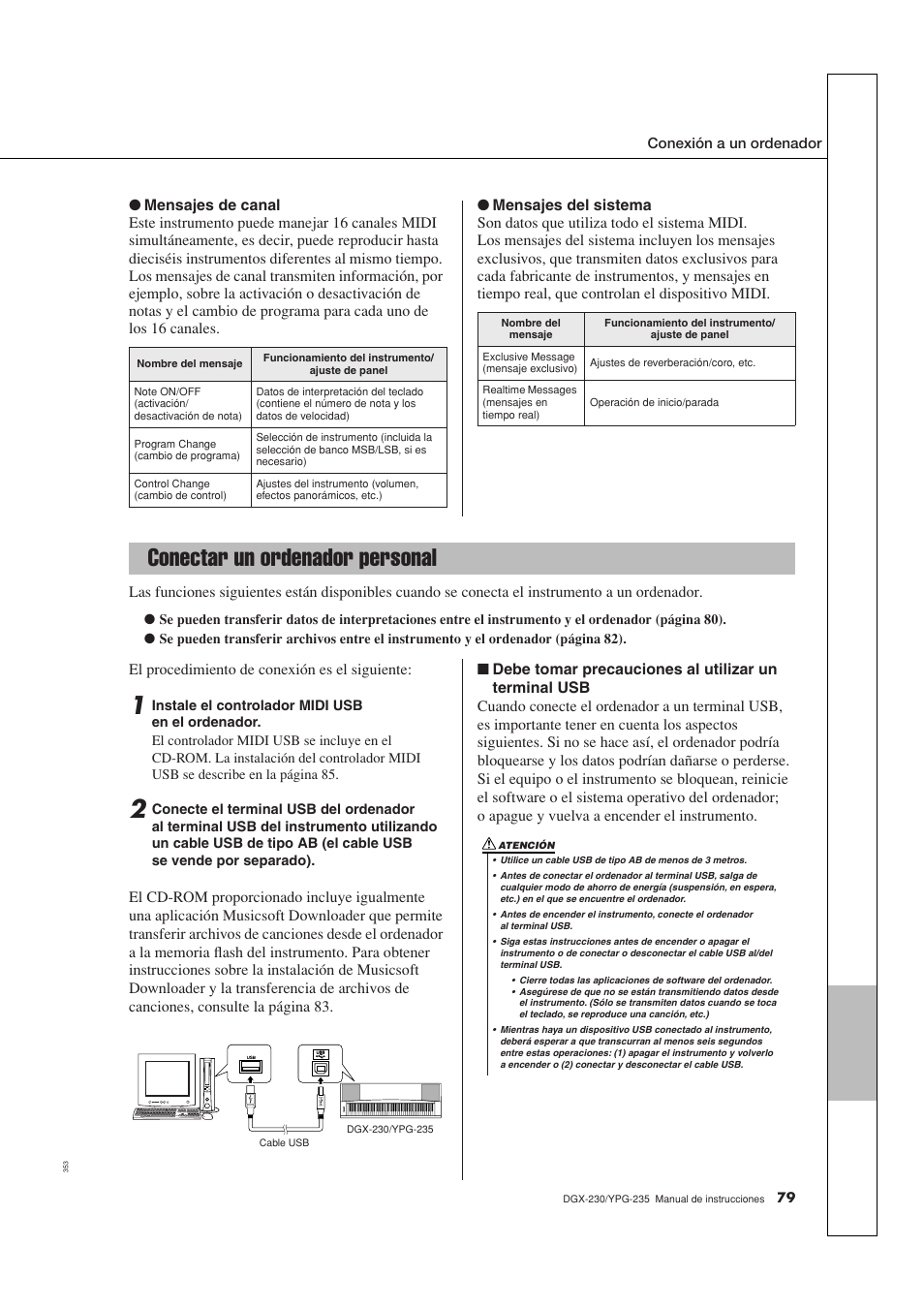 Conectar un ordenador personal, El procedimiento de conexión es el siguiente | Yamaha DGX-230 User Manual | Page 79 / 128