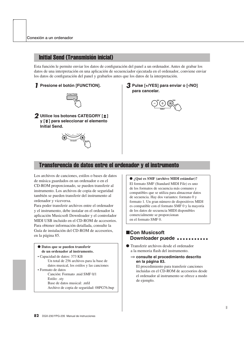 Initial send (transmisión inicial), El instrumento | Yamaha DGX-230 User Manual | Page 82 / 128