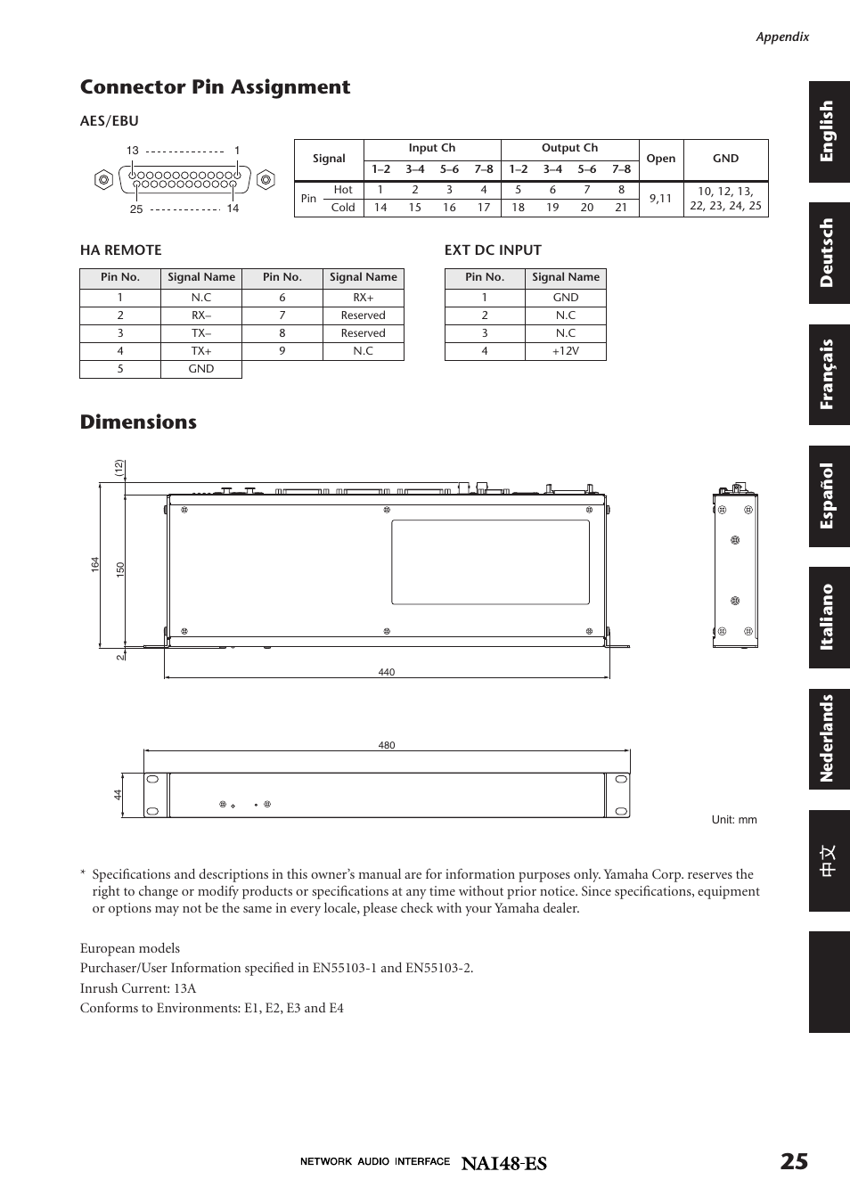Connector pin assignment, Dimensions | Yamaha NAI48-ES User Manual | Page 10 / 12