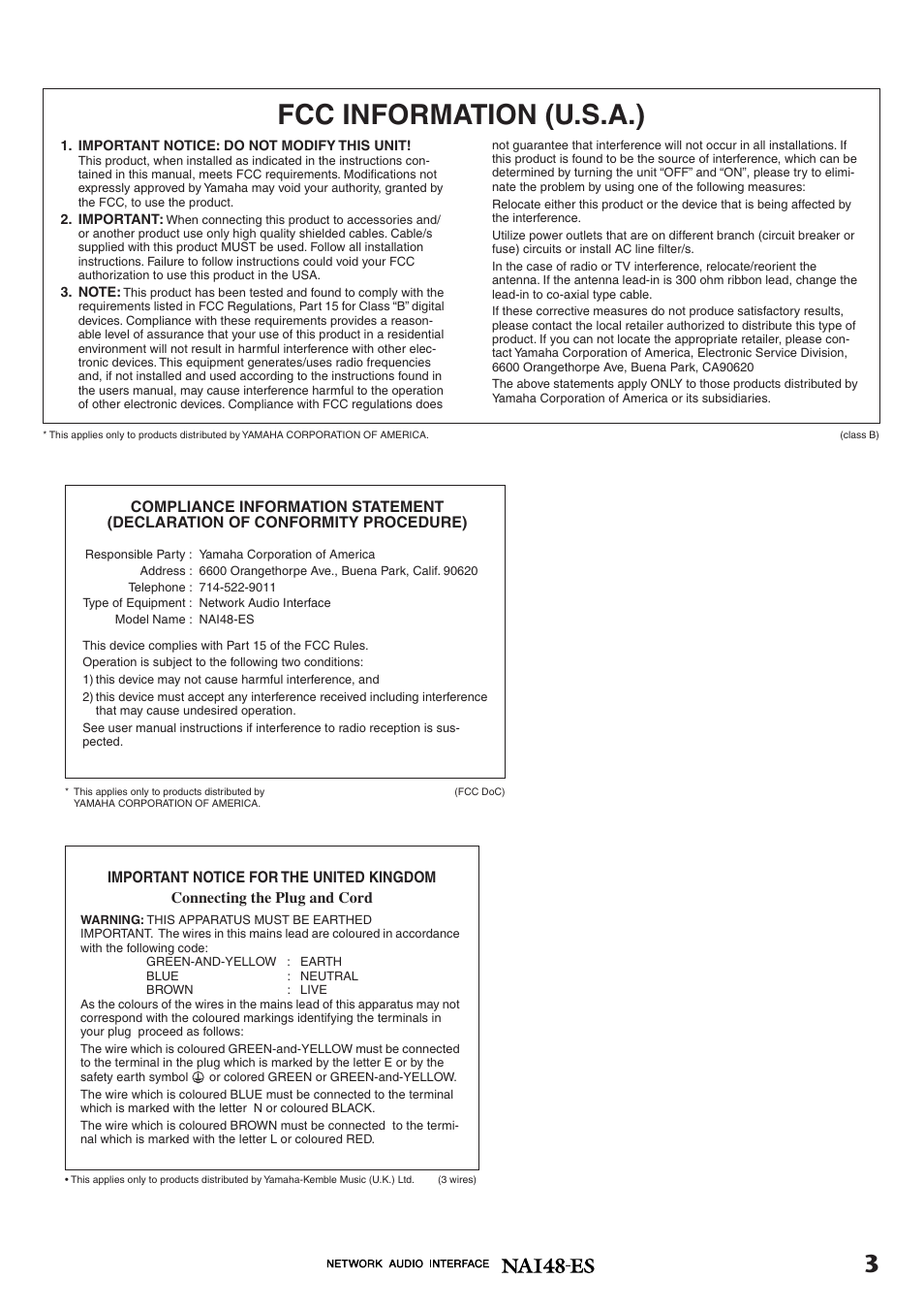 Fcc information (u.s.a.) | Yamaha NAI48-ES User Manual | Page 3 / 12