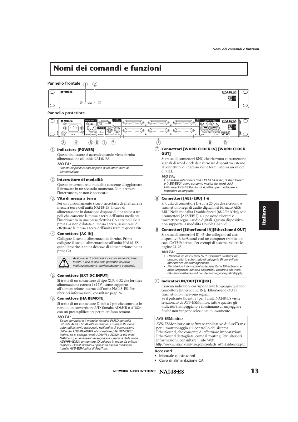 Nomi dei comandi e funzioni, Italiano a | Yamaha NAI48-ES User Manual | Page 5 / 12