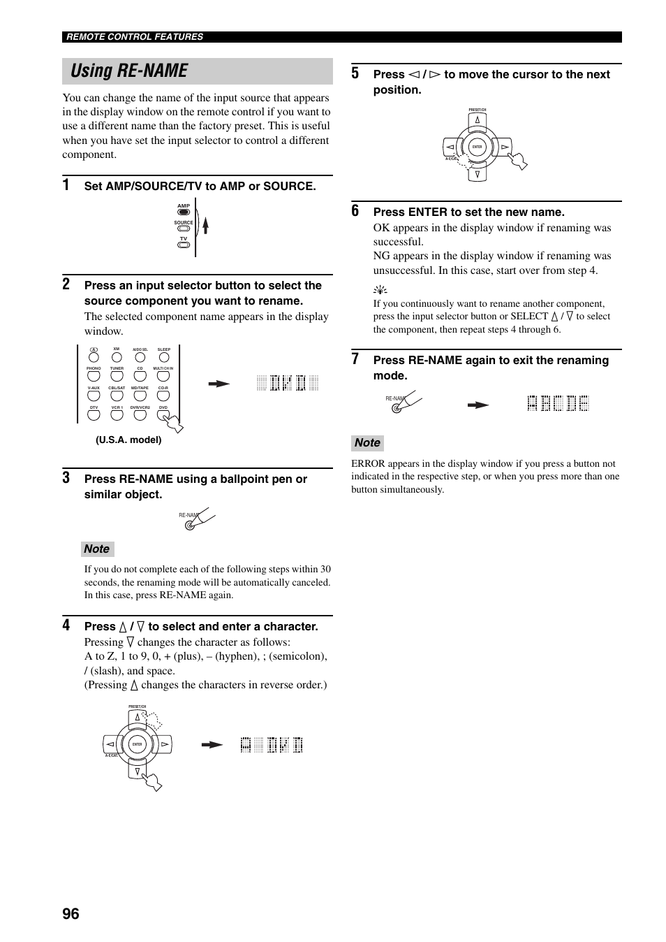 Using re-name, Set amp/source/tv to amp or source, Press re-name again to exit the renaming mode | Yamaha HTR-5990 User Manual | Page 100 / 128