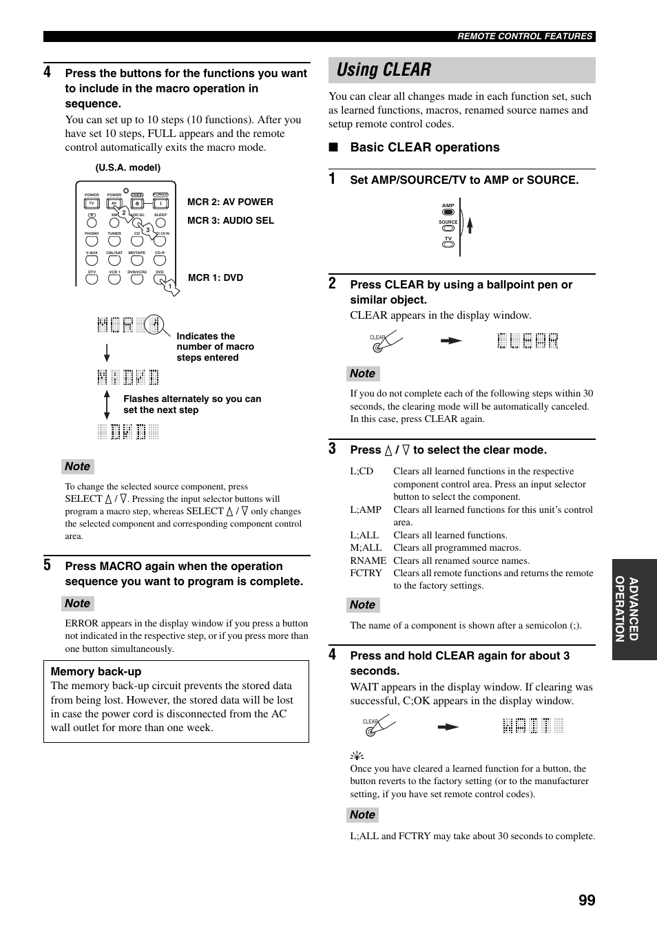 Using clear, Basic clear operations, Set amp/source/tv to amp or source | Press k / n to select the clear mode | Yamaha HTR-5990 User Manual | Page 103 / 128