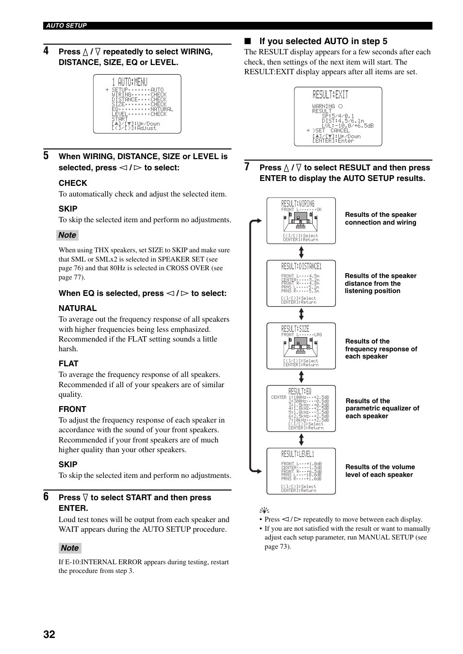 1 auto:menu, Result:exit, If you selected auto in step 5 | Result:wiring, Result:distance1, Result:size, Result:eq, Result:level1 | Yamaha HTR-5990 User Manual | Page 36 / 128