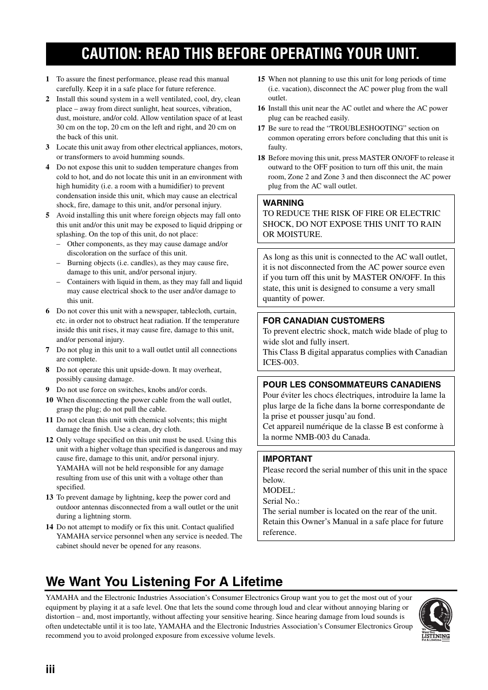 Caution: read this before operating your unit, We want you listening for a lifetime | Yamaha HTR-5990 User Manual | Page 4 / 128