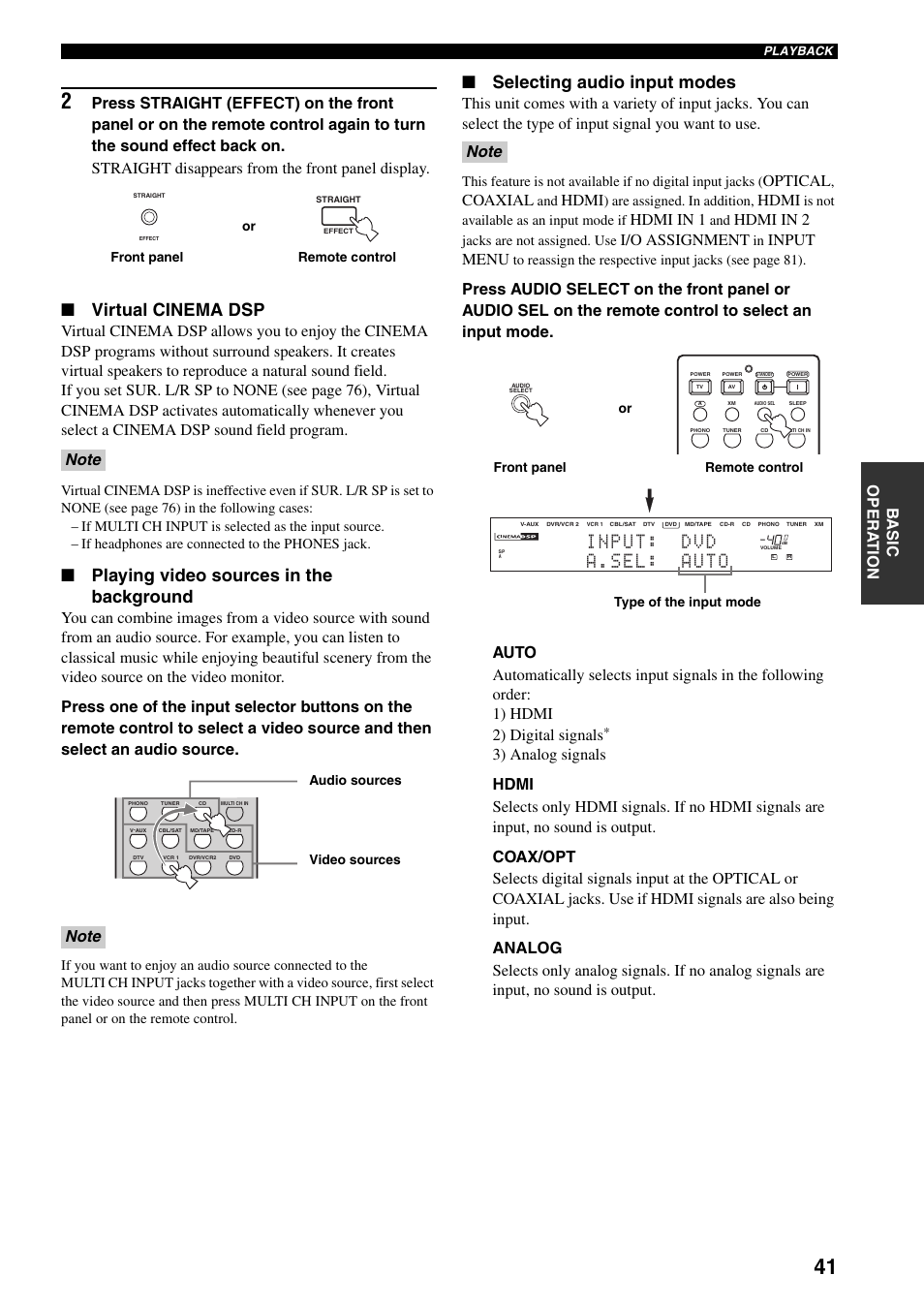 Virtual cinema dsp, Playing video sources in the background, Selecting audio input modes | Optical, Coaxial, Hdmi, Hdmi in 1, Hdmi in 2, I/o assignment, Input menu | Yamaha HTR-5990 User Manual | Page 45 / 128