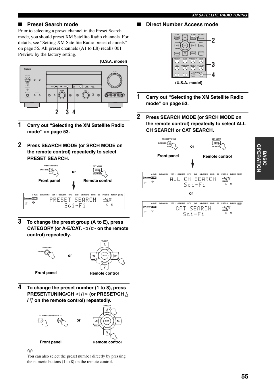 Preset search mode, Direct number access mode, Effect | Ba zone 2 zone 3, S video video optical l audio r, U.s.a. model), Or front panel remote control, Front panel remote control or, Remote control front panel or, U.s.a. model) or front panel remote control | Yamaha HTR-5990 User Manual | Page 59 / 128