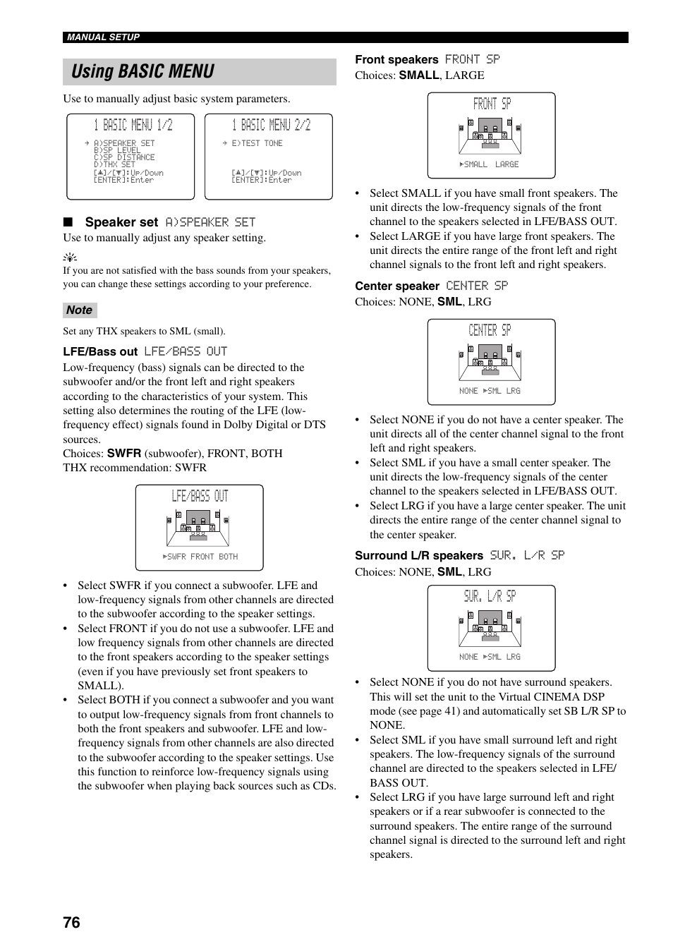 Using basic menu, 1 basic menu 1/2, 1 basic menu 2/2 | Lfe/bass out, Front sp, Center sp, Sur. l/r sp | Yamaha HTR-5990 User Manual | Page 80 / 128