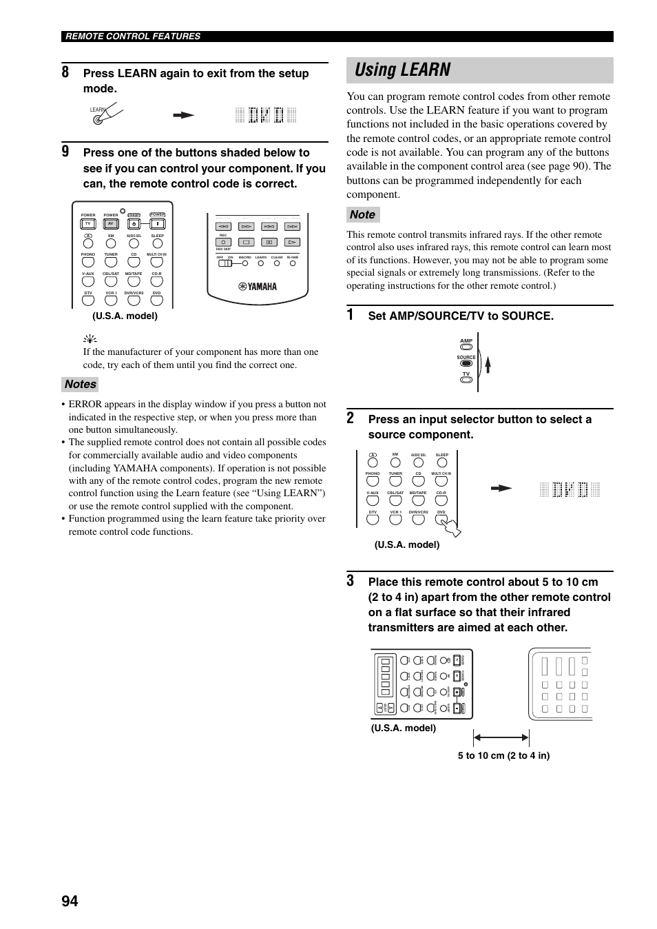 Using learn, Press learn again to exit from the setup mode, Set amp/source/tv to source | U.s.a. model), Remote control features | Yamaha HTR-5990 User Manual | Page 98 / 128