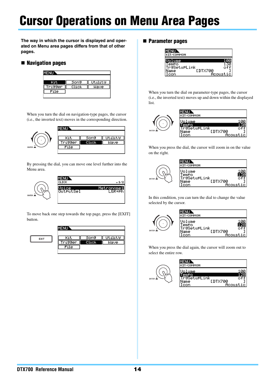 Cursor operations on menu area pages | Yamaha DTX700 User Manual | Page 14 / 69