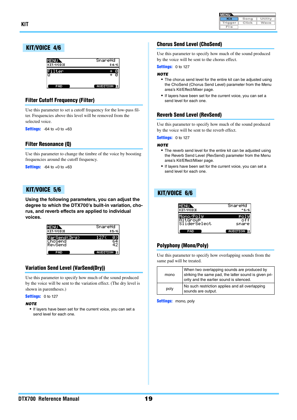 Kit/voice 4/6, Kit/voice 5/6, Kit/voice 6/6 | Filter q varsend(dry) chosend revsend mono/poly | Yamaha DTX700 User Manual | Page 19 / 69