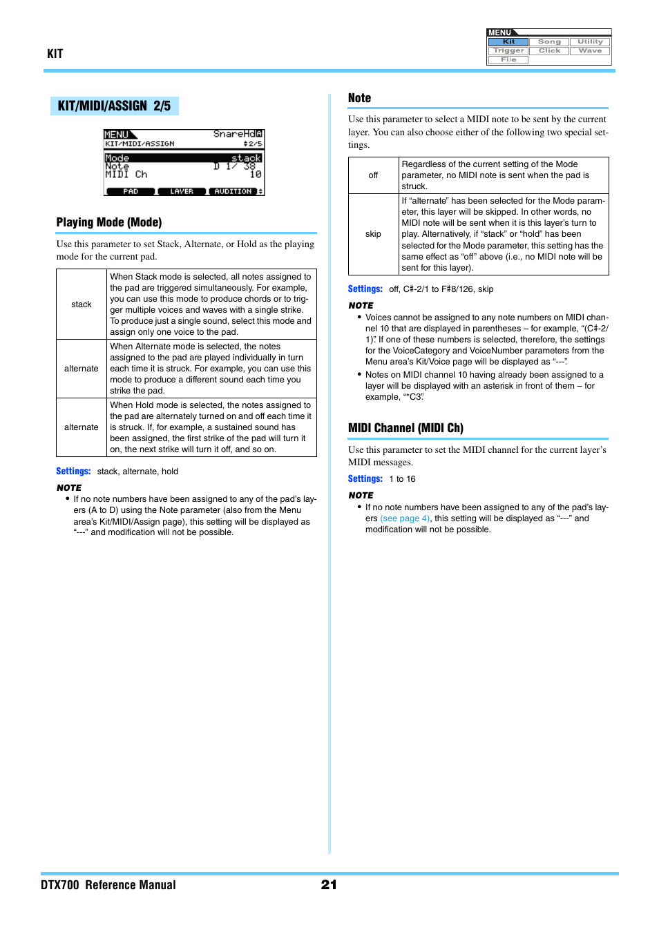 Kit/midi/assign 2/5, Play melodic parts, Mode note midi ch | Kit dtx700 reference manual, Playing mode (mode), Midi channel (midi ch) | Yamaha DTX700 User Manual | Page 21 / 69