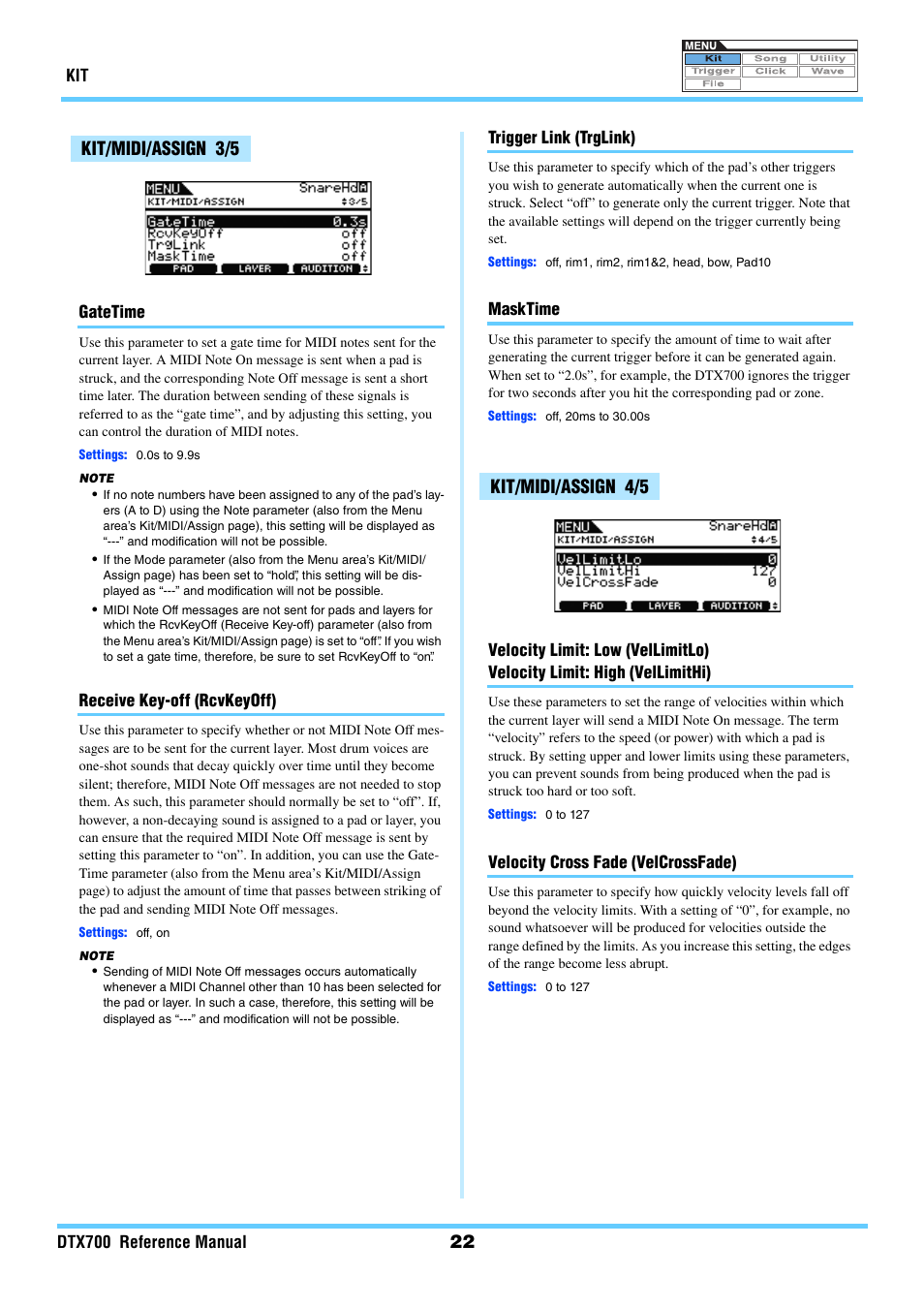 Kit/midi/assign 3/5, Kit/midi/assign 4/5, Kit/midi/assign 3/5 kit/midi/assign 4/5 | Yamaha DTX700 User Manual | Page 22 / 69