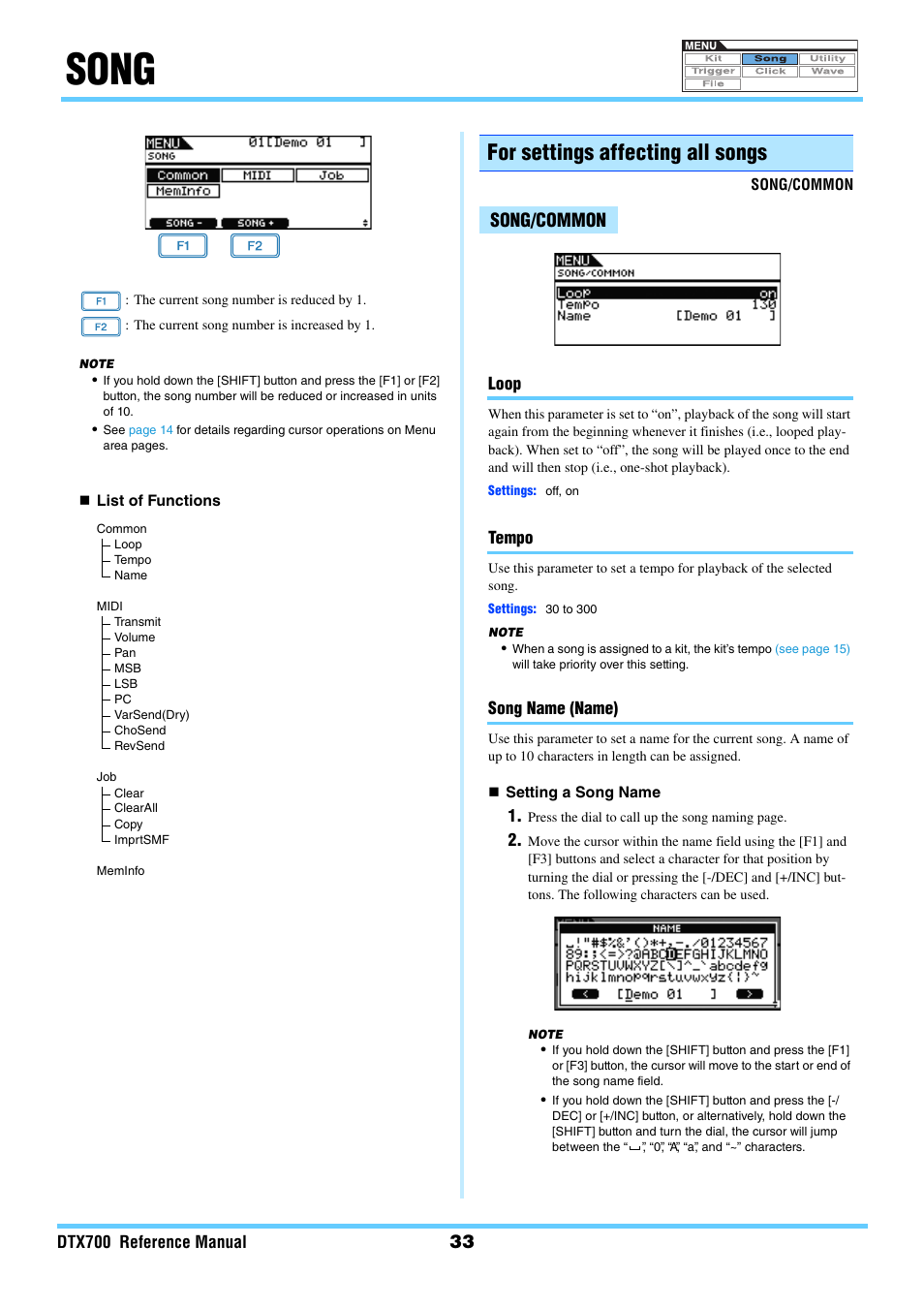 Song, For settings affecting all songs, Song/common | Yamaha DTX700 User Manual | Page 33 / 69