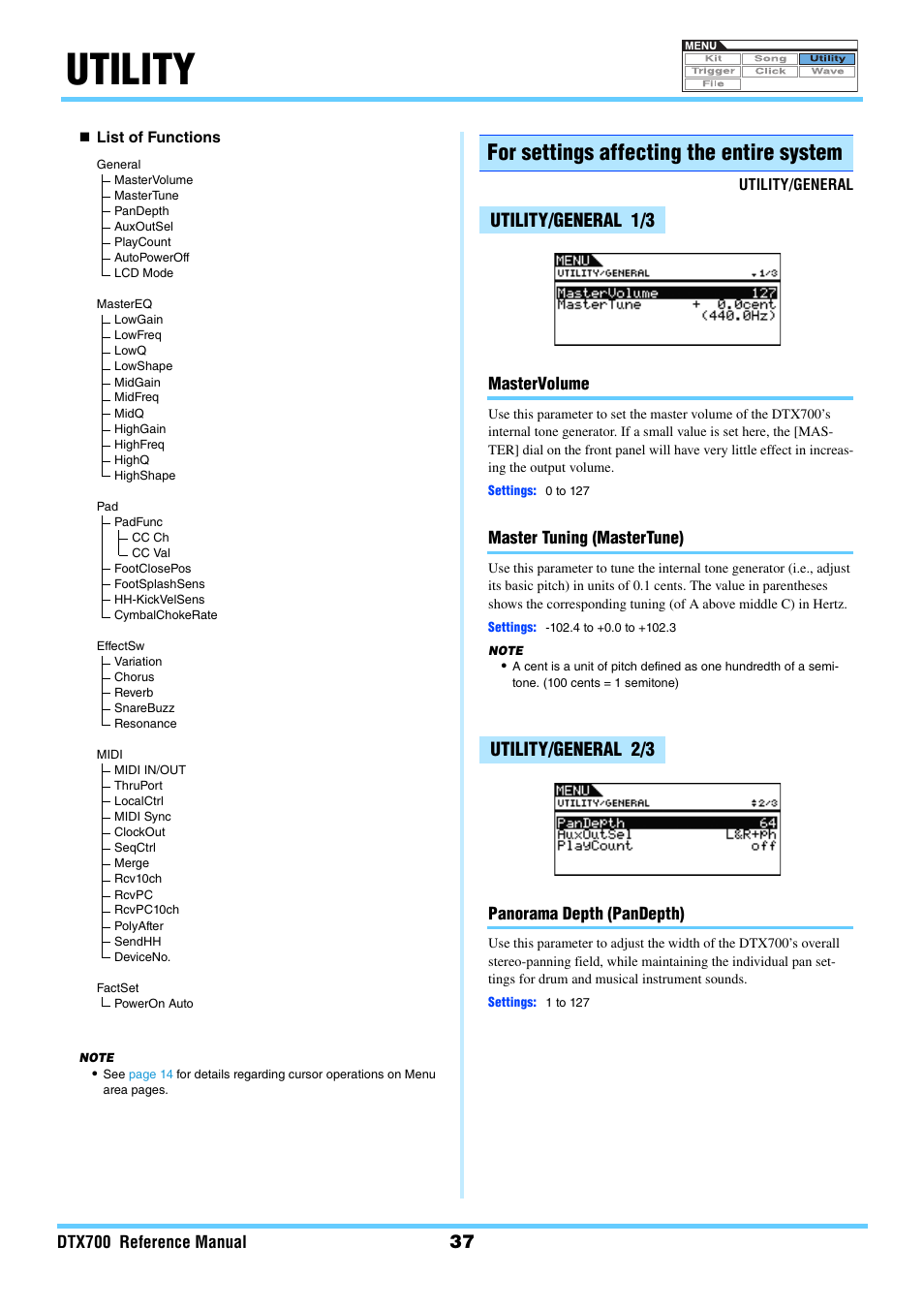 Utility, For settings affecting the entire system, Utility/general 1/3 | Utility/general 2/3, Utility/general 1/3 utility/general 2/3 | Yamaha DTX700 User Manual | Page 37 / 69