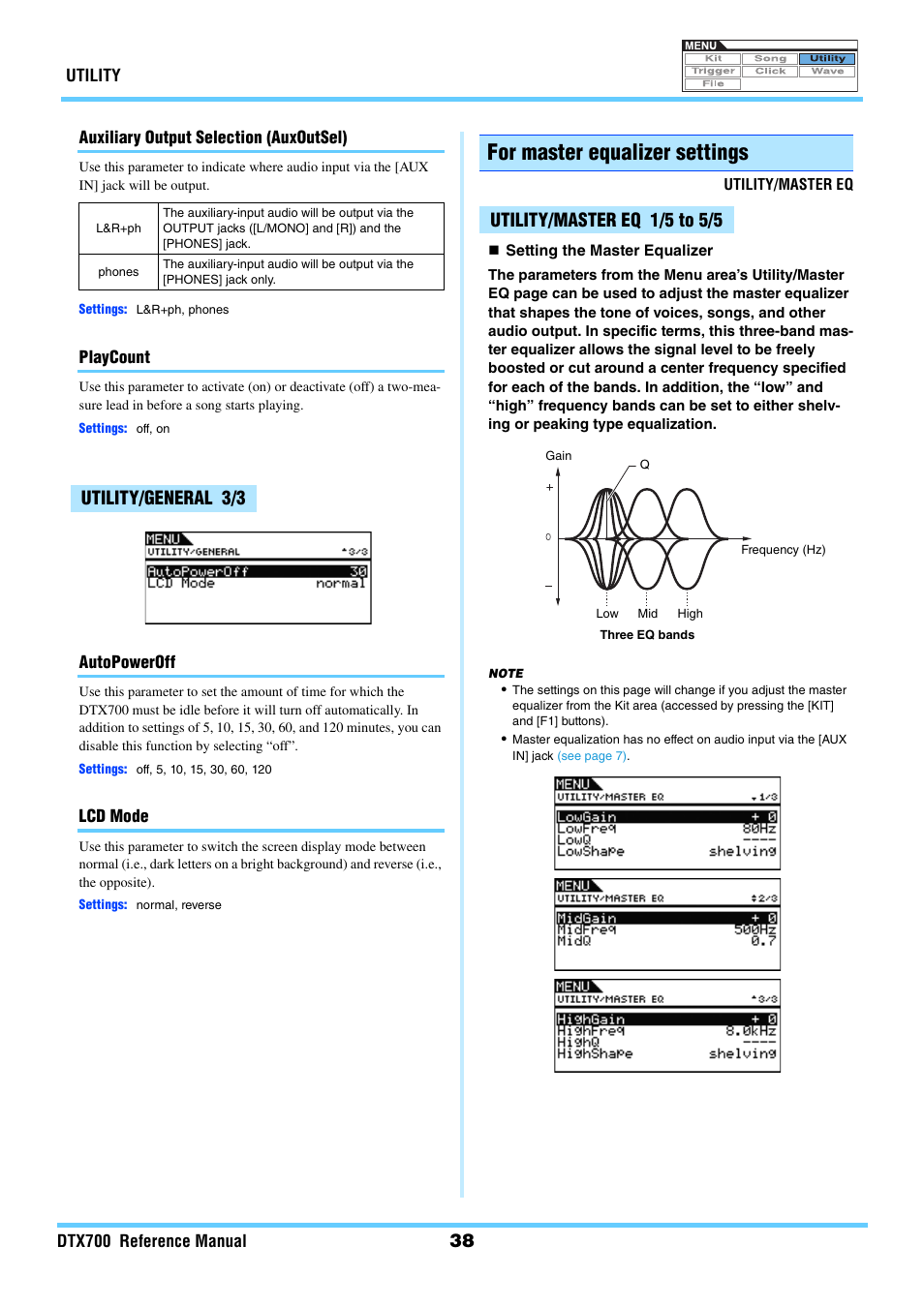 Utility/general 3/3, For master equalizer settings, Utility/master eq 1/5 to 5/5 | Auxoutsel playcount autopoweroff lcd mode, Mastereq | Yamaha DTX700 User Manual | Page 38 / 69