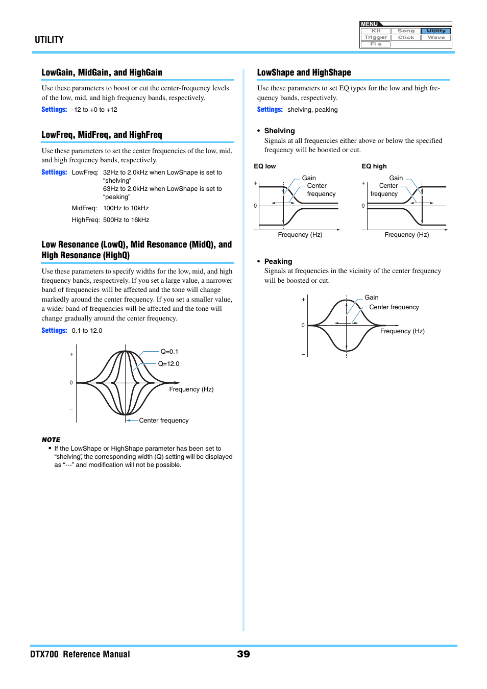 Utility dtx700 reference manual, Lowgain, midgain, and highgain, Lowfreq, midfreq, and highfreq | Lowshape and highshape | Yamaha DTX700 User Manual | Page 39 / 69