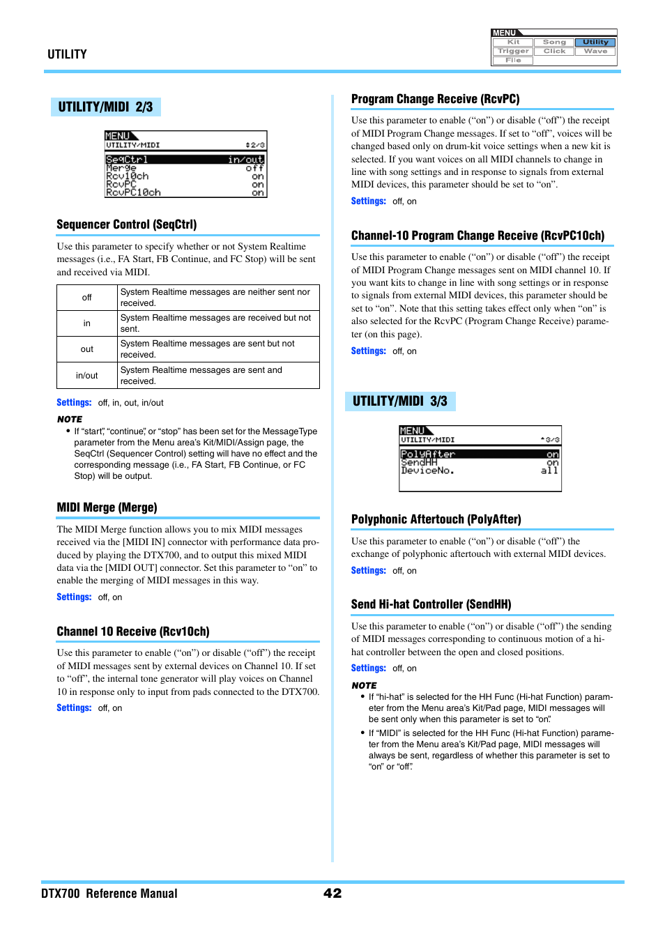 Utility/midi 2/3, Utility/midi 3/3 | Yamaha DTX700 User Manual | Page 42 / 69