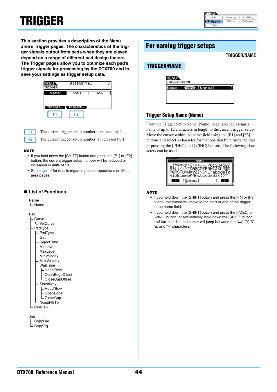 Trigger, For naming trigger setups, Trigger/name | Yamaha DTX700 User Manual | Page 44 / 69