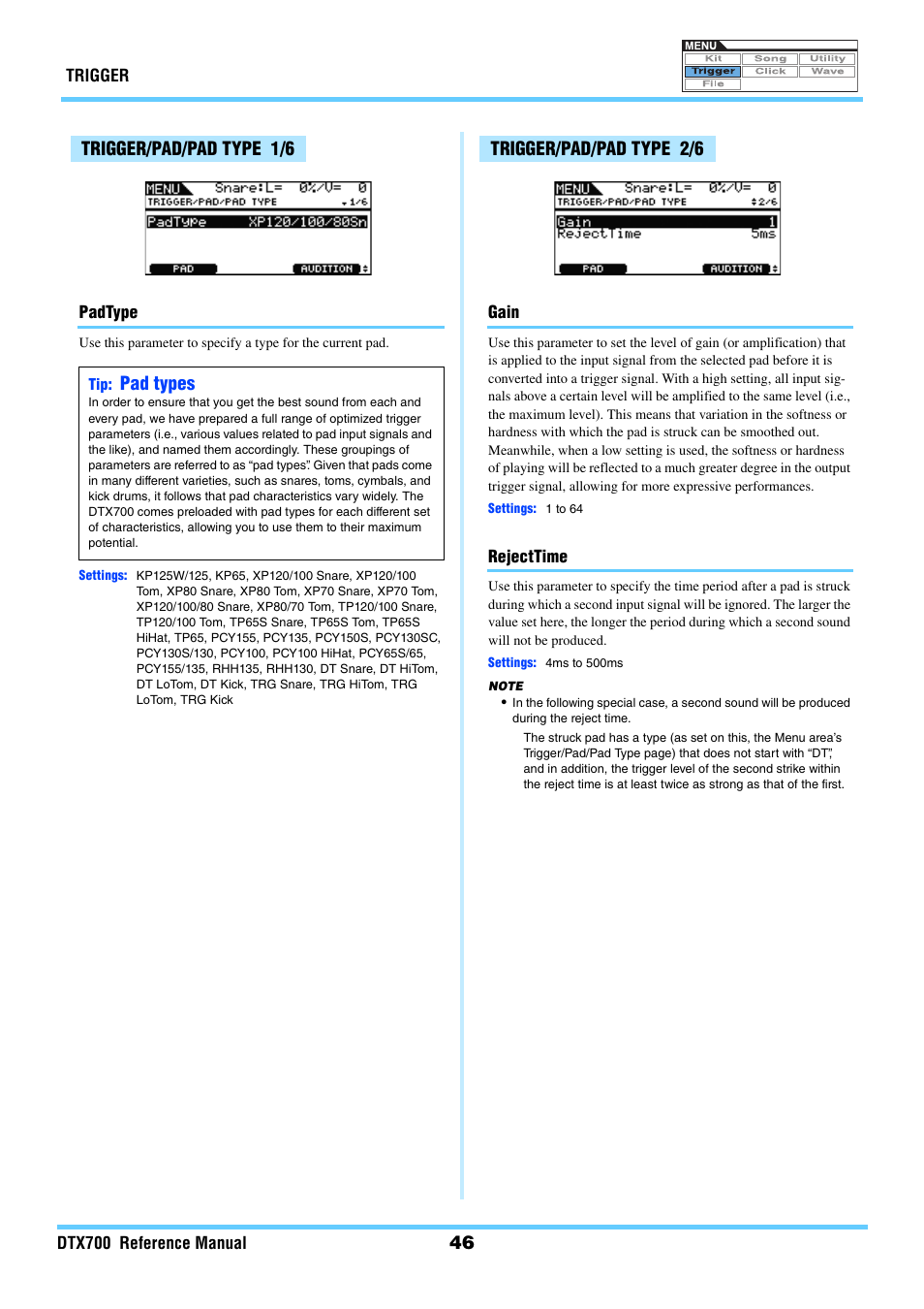 Trigger/pad/pad type 1/6, Trigger/pad/pad type 2/6, Padtype | Padtype gain rejecttime, Pad types | Yamaha DTX700 User Manual | Page 46 / 69