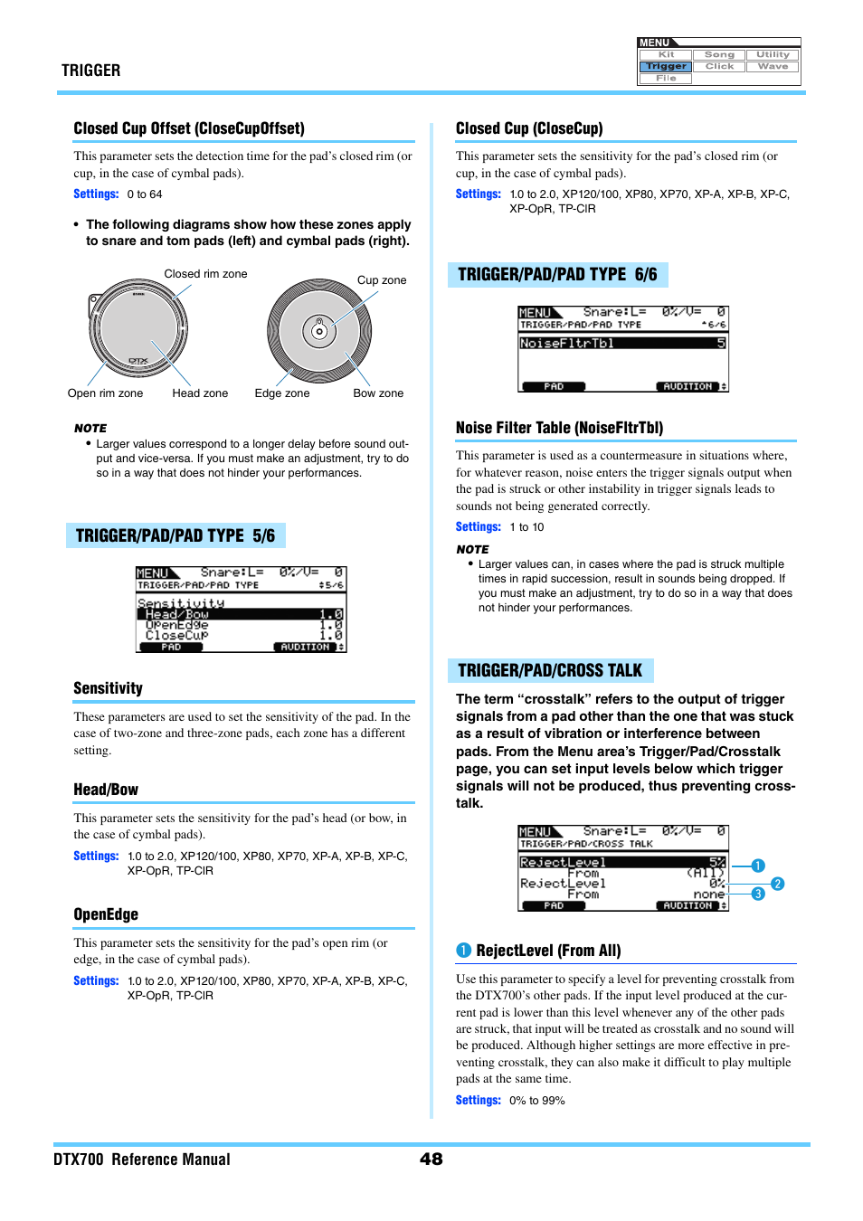 Trigger/pad/pad type 5/6, Trigger/pad/pad type 6/6, Trigger/pad/cross talk | Crsstalk, Trigger/pad/pad type 6/6 trigger/pad/cross talk | Yamaha DTX700 User Manual | Page 48 / 69