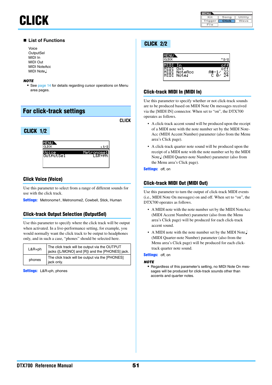 Click, For click-track settings, Click 1/2 | Click 2/2 | Yamaha DTX700 User Manual | Page 51 / 69