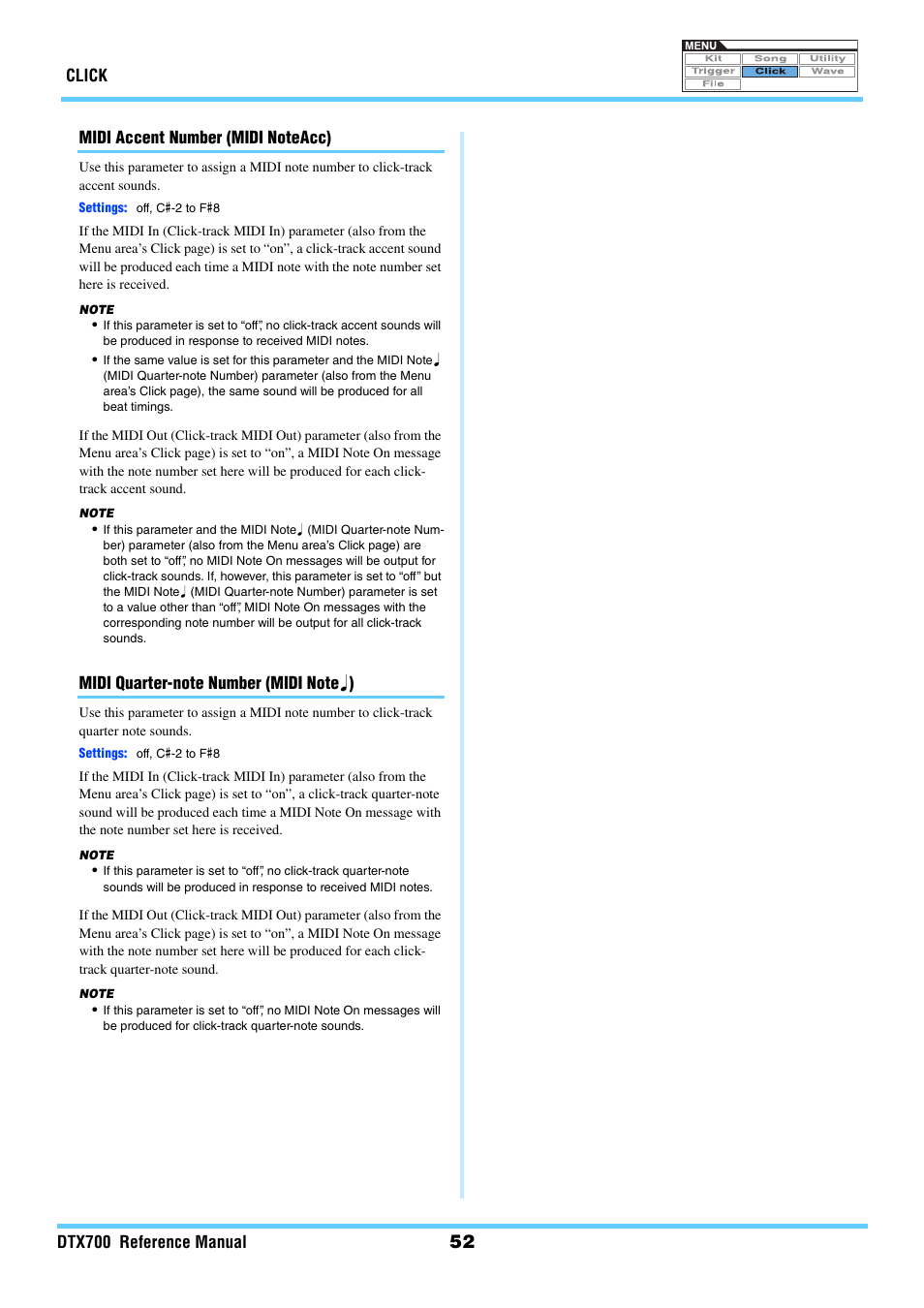 Midi noteacc midi note, Click dtx700 reference manual | Yamaha DTX700 User Manual | Page 52 / 69