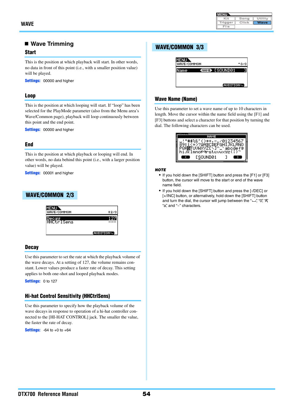 Wave/common 2/3, Wave/common 3/3, Start loop end decay hhctrlsens name | 54  wave trimming, Wave/common 2/3 wave/common 3/3 | Yamaha DTX700 User Manual | Page 54 / 69