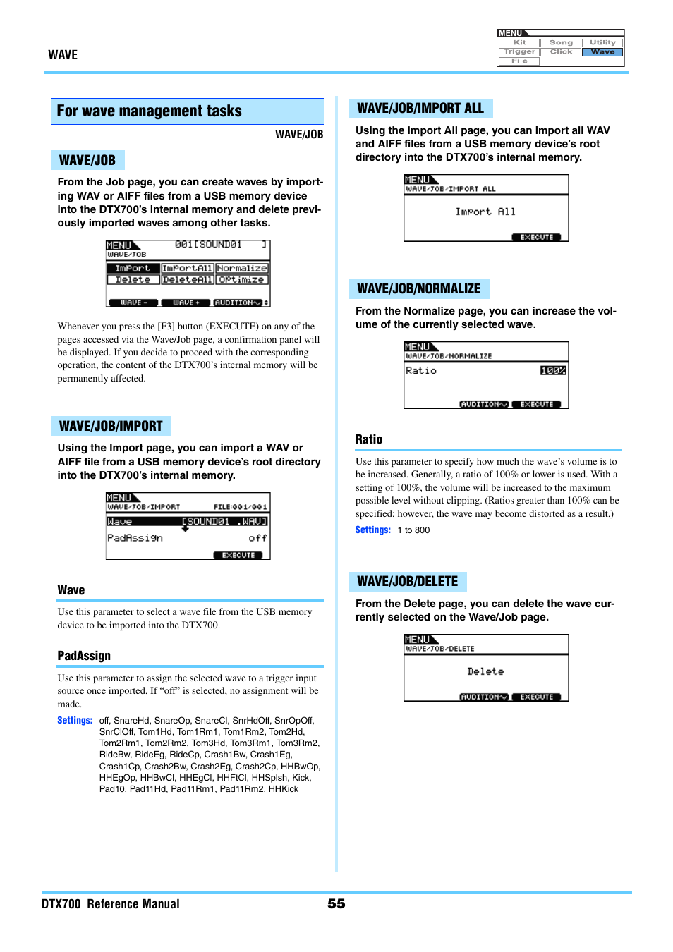 For wave management tasks, Wave/job, Wave/job/import | Wave/job/import all, Wave/job/normalize, Wave/job/delete, Import, Wave padassign, Importall normalize delete | Yamaha DTX700 User Manual | Page 55 / 69