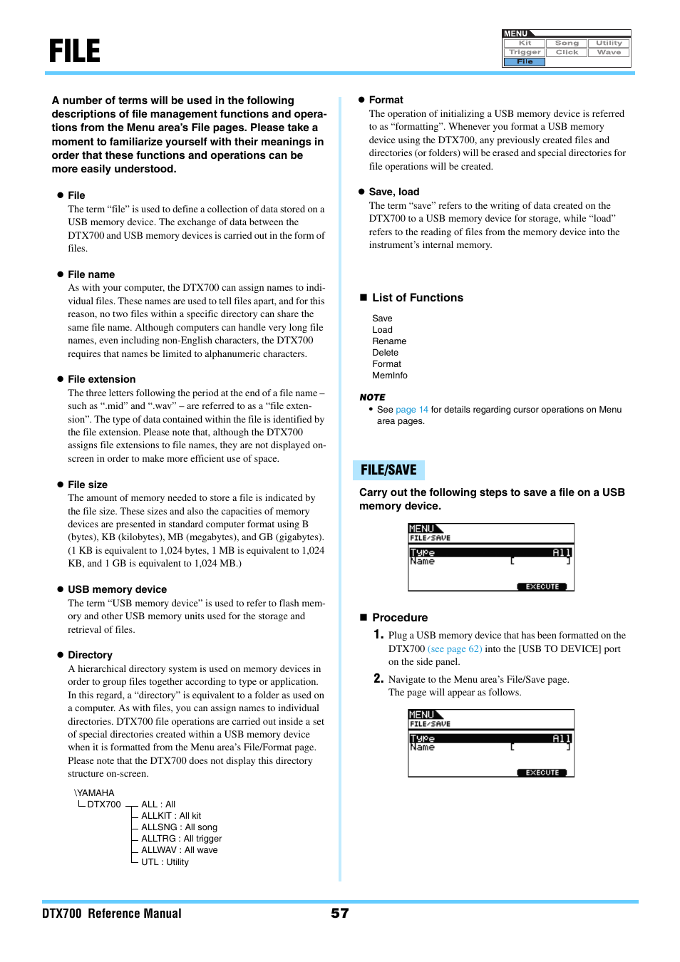 File, File/save | Yamaha DTX700 User Manual | Page 57 / 69