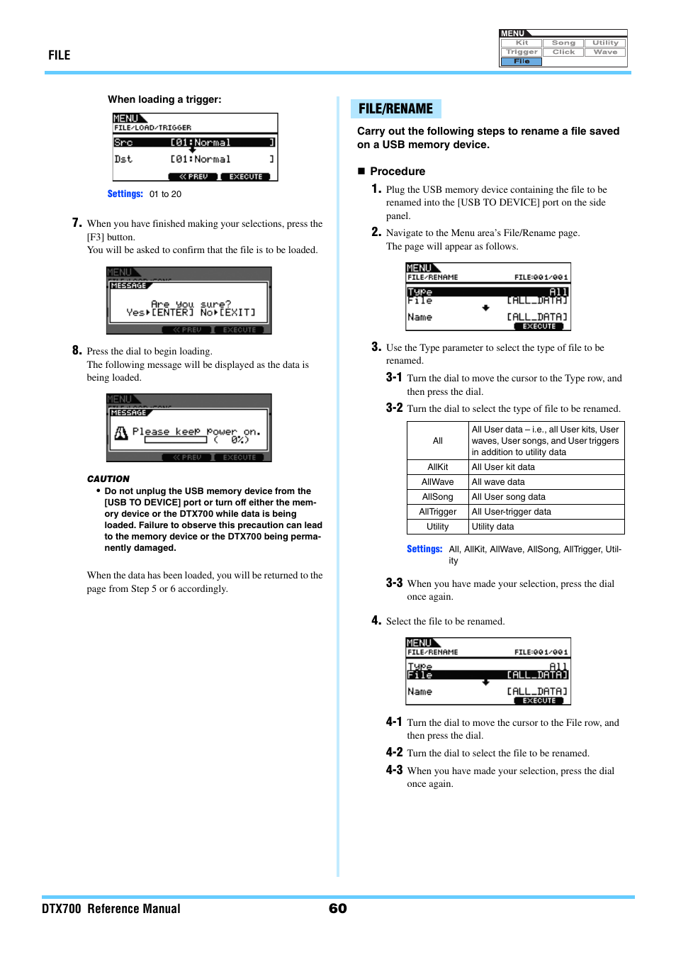 File/rename, Rename | Yamaha DTX700 User Manual | Page 60 / 69