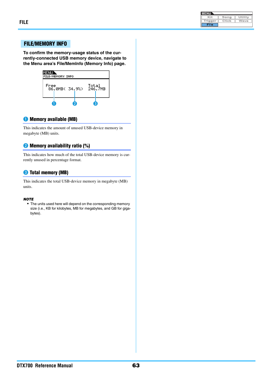 File/memory info, Meminfo | Yamaha DTX700 User Manual | Page 63 / 69