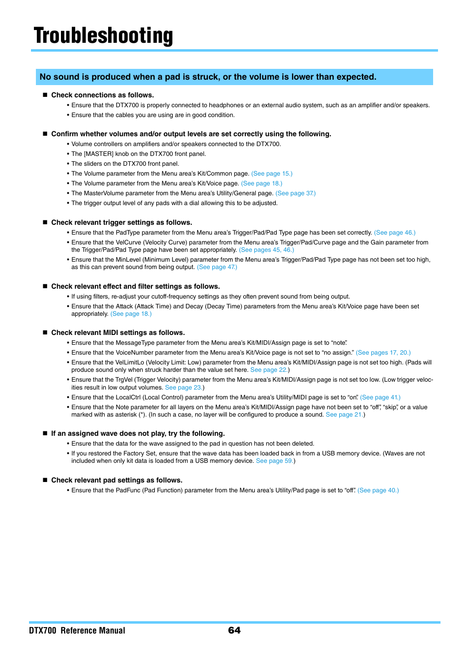 Troubleshooting, Dtx700 reference manual | Yamaha DTX700 User Manual | Page 64 / 69