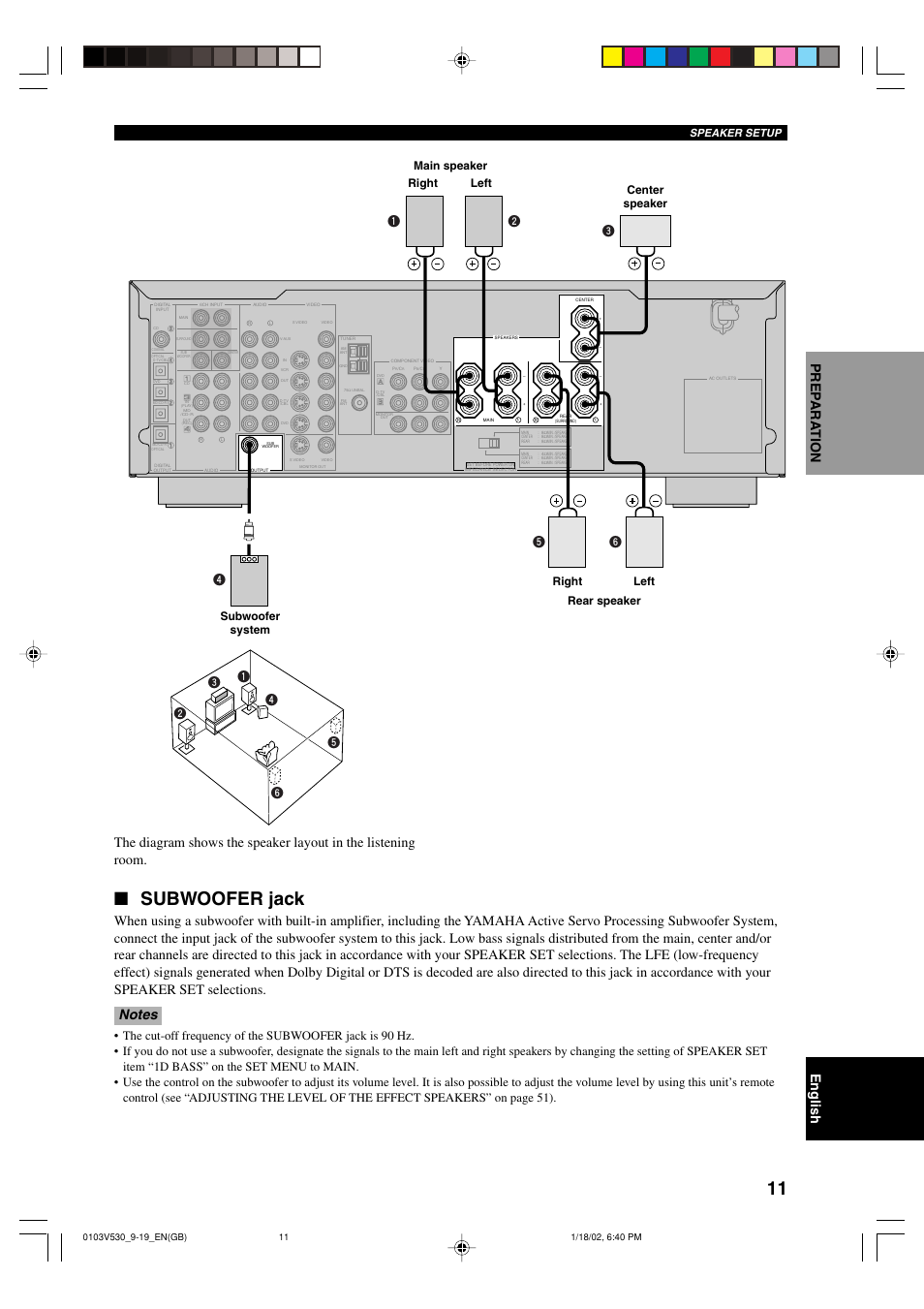 Subwoofer jack, Speaker setup | Yamaha RX-V530RDS User Manual | Page 13 / 68